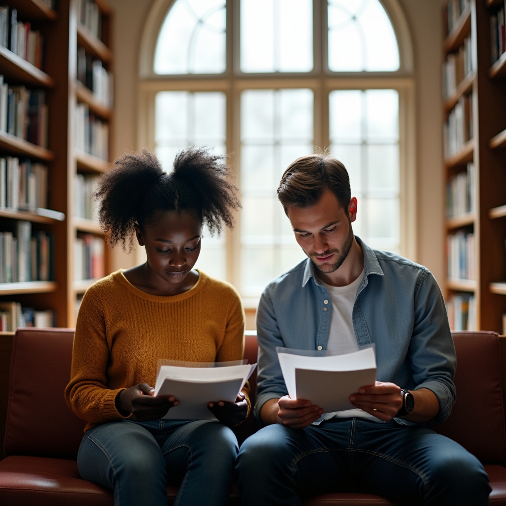 Two people side by side reading educational materials at a library study table with warm lighting