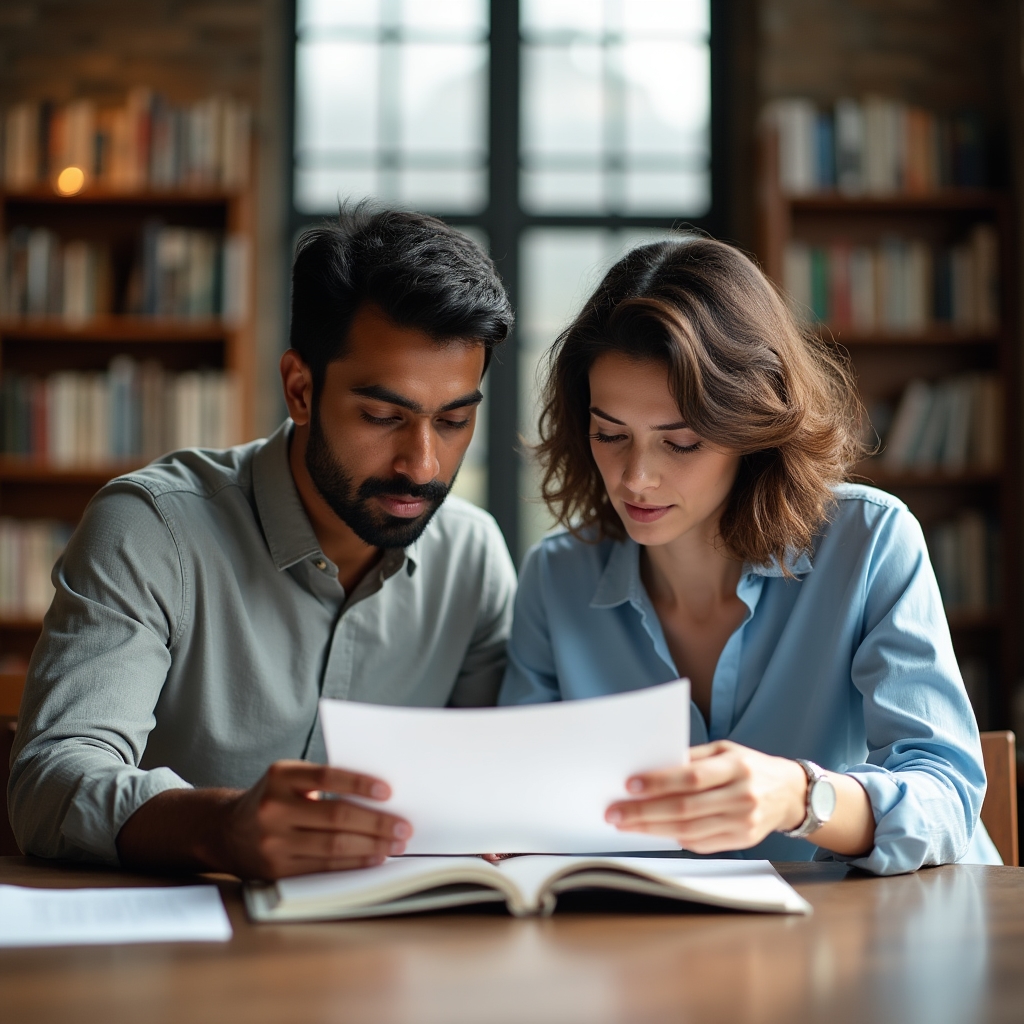 Two people reviewing documents together at a bright library table