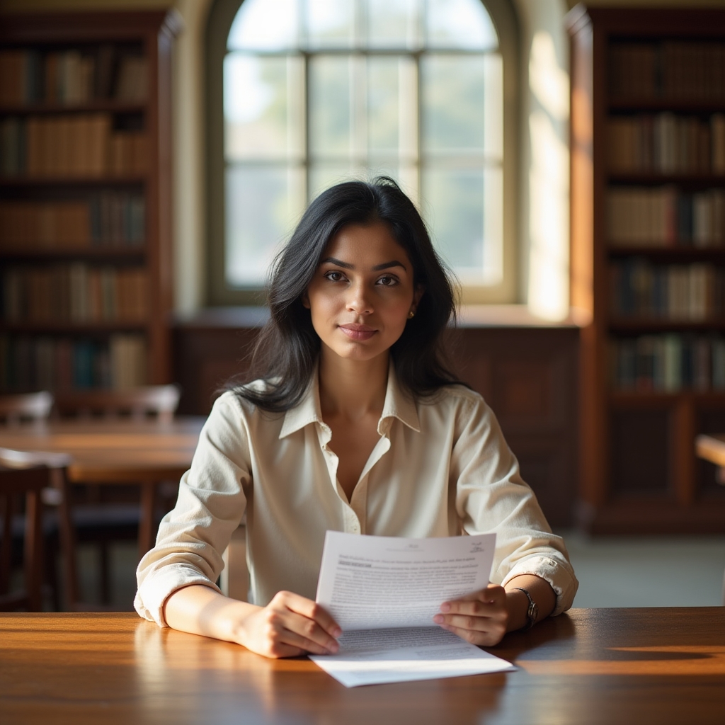 Person studying pension documents at a well-lit library desk