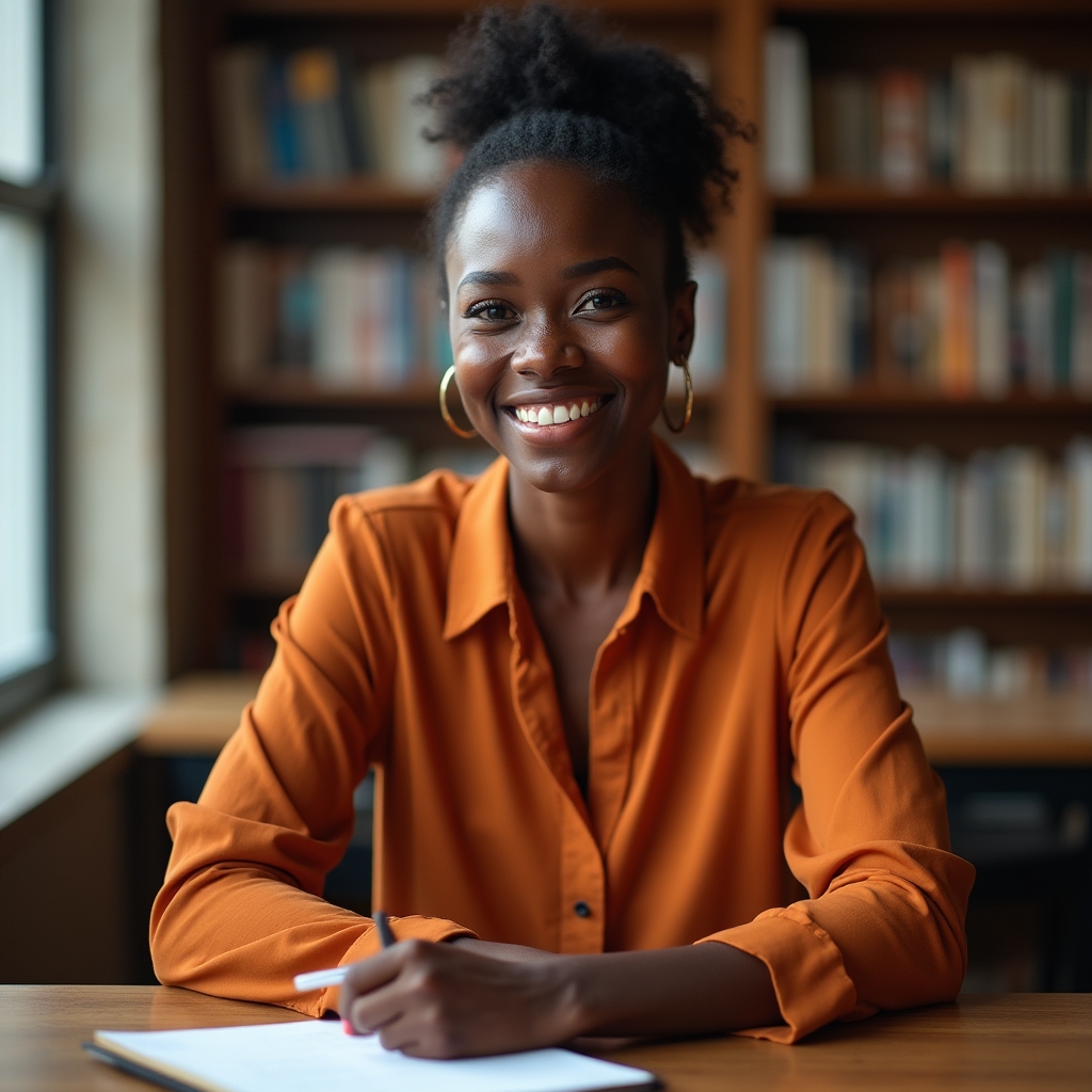 Clara Mensah, Lead Content Editor, smiling in a library setting