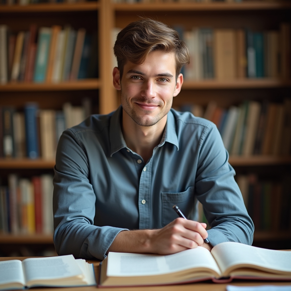 Aidan Burke, Content Researcher, working at a desk with reference books
