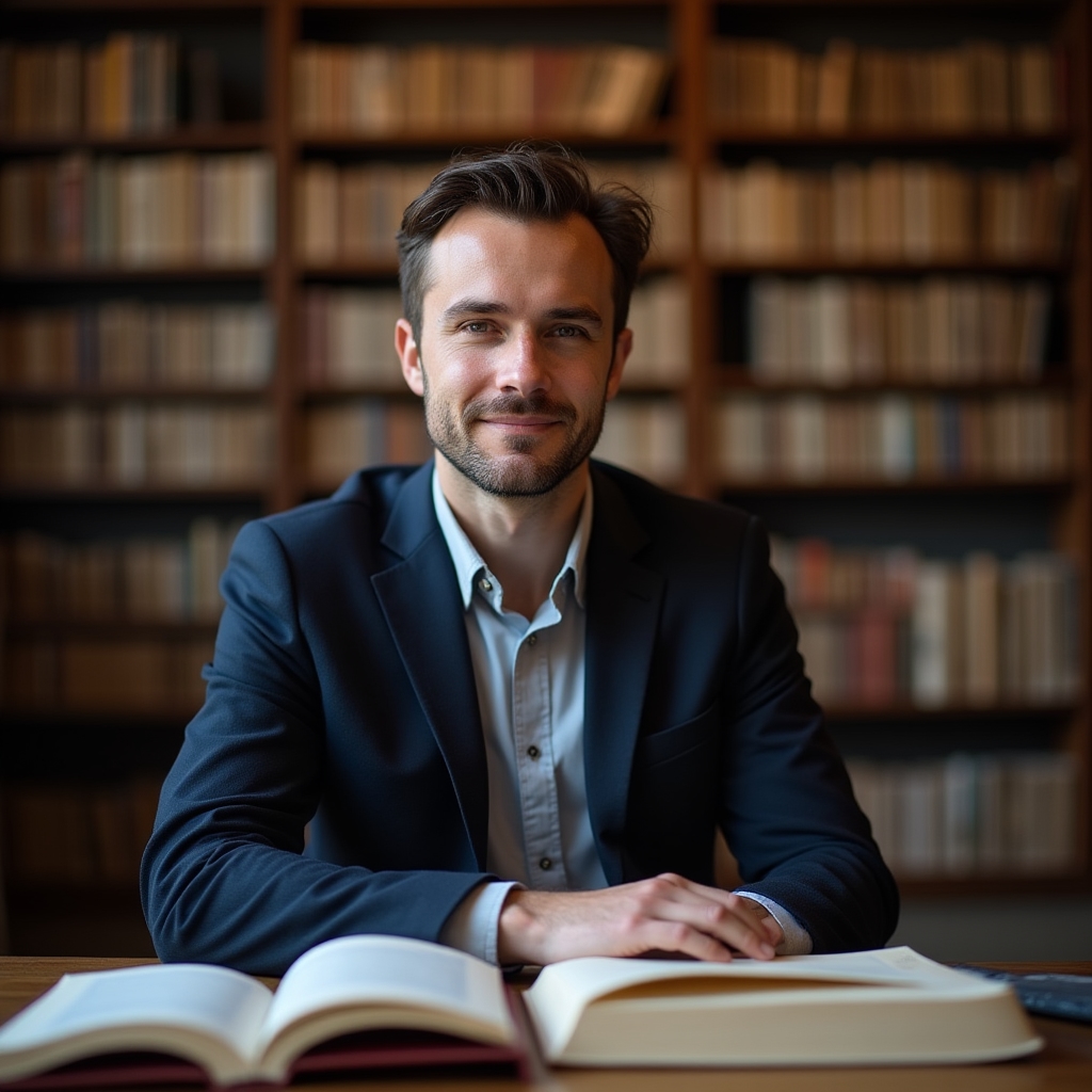 David Kowalski, Policy Researcher, reviewing documents at a study desk