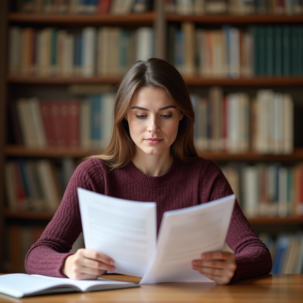 Person reviewing employment contract documents at a desk in a professional academic environment