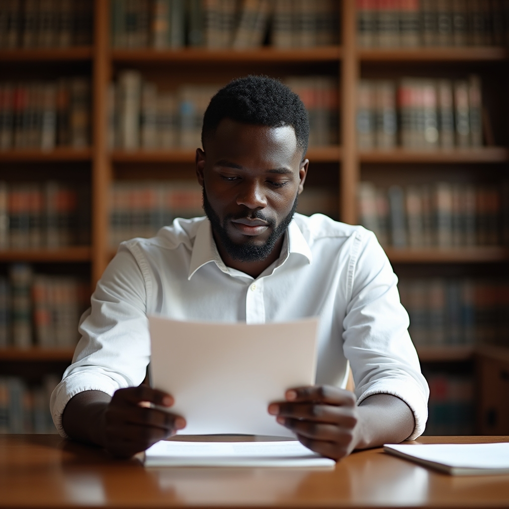 Person reading a document with a thoughtful expression in a quiet library